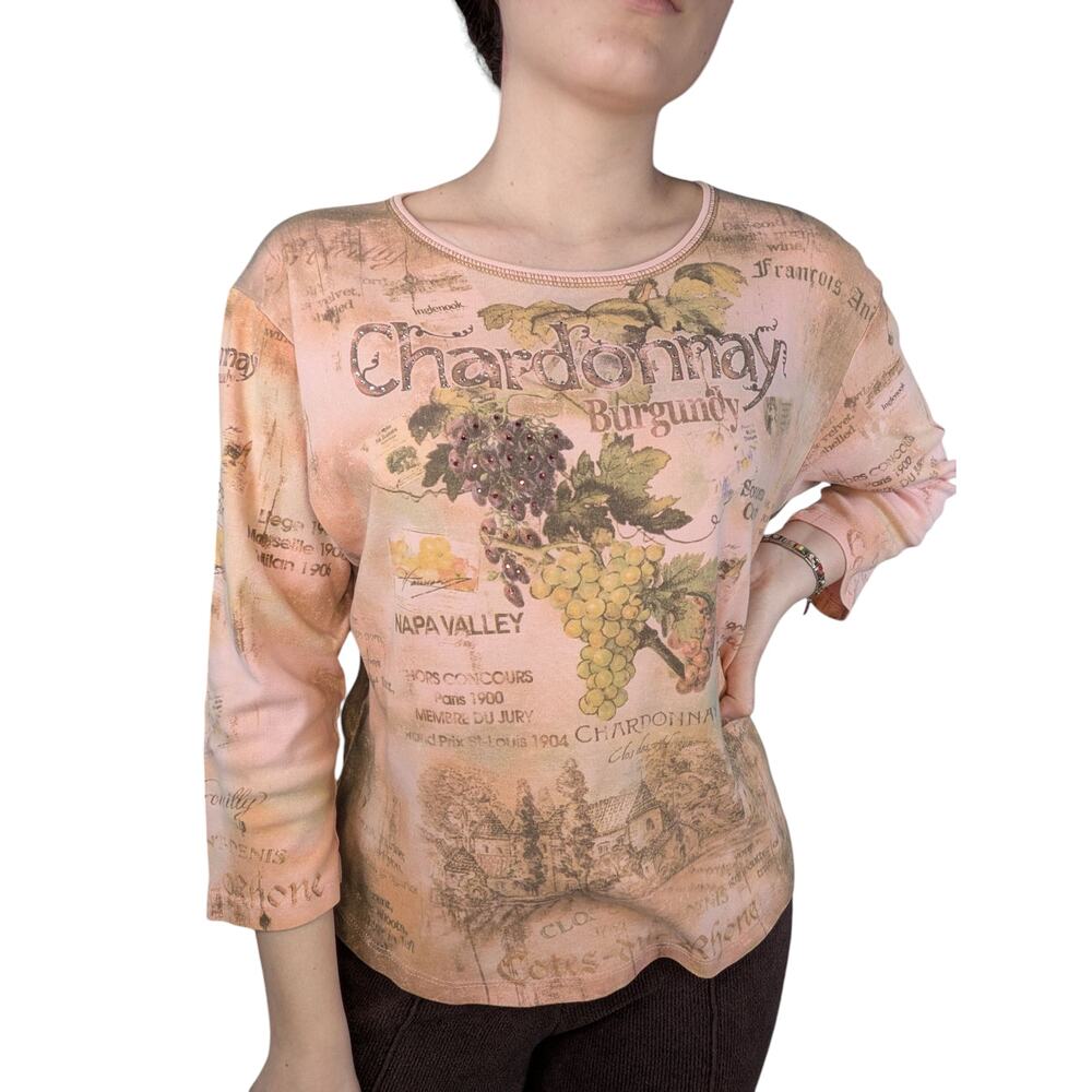 Y2K Vintage Chardonnay Grape Print 3/4 Sleeve Bling Tee Pink XL